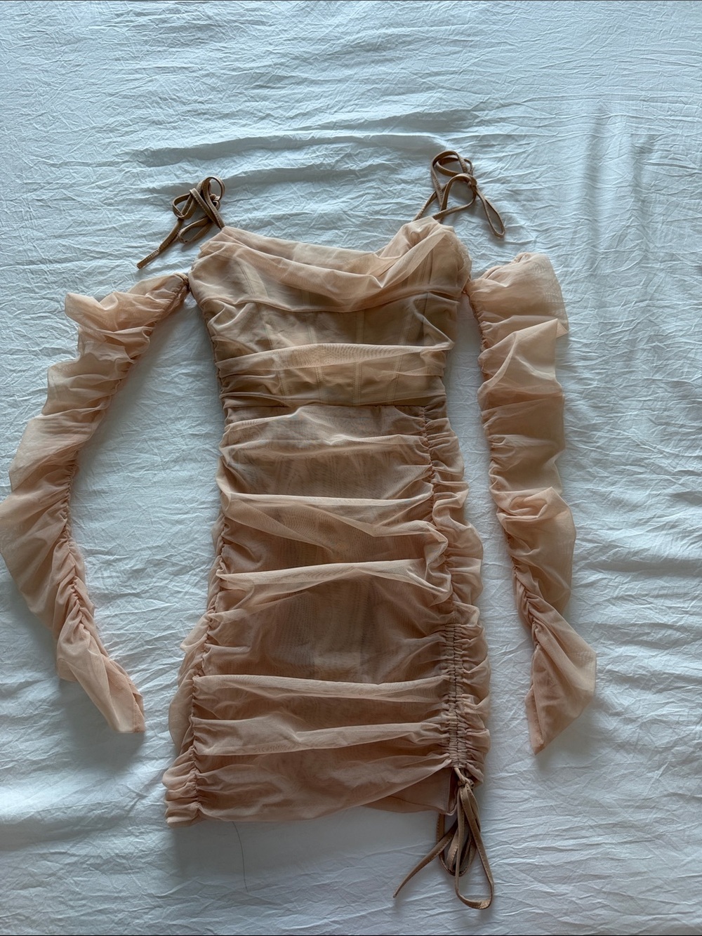 Oh Polly Blush Nude Sheer Ruched Off-Shoulder Mini Dress